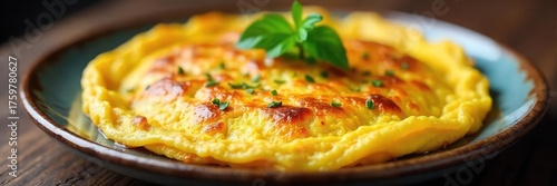 A fluffy, golden-brown omelette brimming with flavor, cooked to perfection Served on a rustic plate, ready to be enjoyed Close-up shot highlighting the texture and deliciousness , tasty, healthy