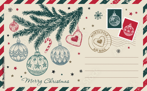 Christmas postcard, card with tree and ball, hand drawn illustration.	
