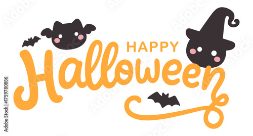 cute happy halloween typography with adorable bats, witch hat, perfect for greeting cards, invitations, posters, party decorations, and seasonal holiday designs, crafting, handmade