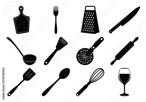 Assortment of kitchen utensils Collection. Kitchen Item Silhouette vector set