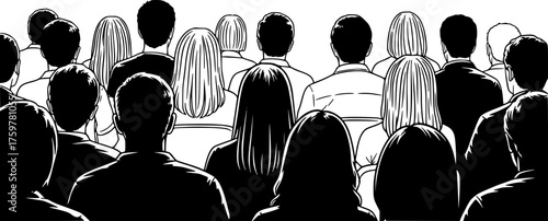 People heads silhouette. The audience sitting back view vector illustration. Back crowd.	