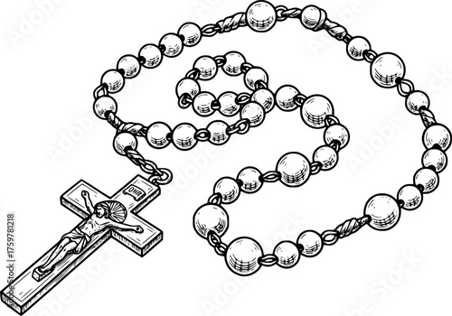 Prayer beads. Hand-drawn vintage drawing of the rosary. Catholic tradition .Vector sketch. Isolated object on white background.	