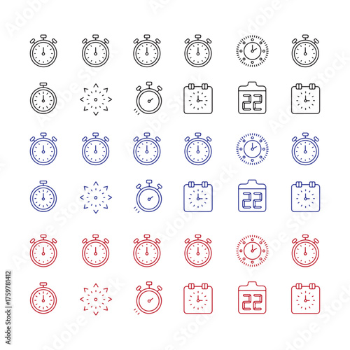 Collection of simple icons representing time, including stopwatches and calendars in various colors.