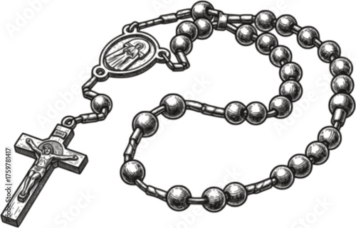 Prayer beads. Hand-drawn vintage drawing of the rosary. Catholic tradition .Vector sketch. Isolated object on white background.	