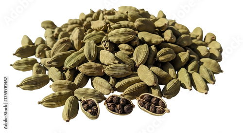 A pile of green cardamom pods some split open revealing tiny black seeds isolated on a black background