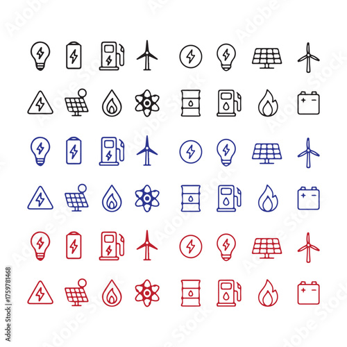 Collection of clean energy icons representing power sources and storage.