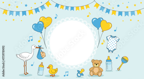 A joyful celebration awaits a new arrival with adorable baby shower decorations and cheerful music.
