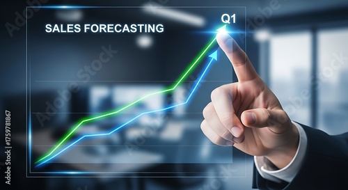 A hand points to a hologram displaying sales forecasting data for q1, with an upward trending graph, symbolizing business growth, financial planning, and market analysis
