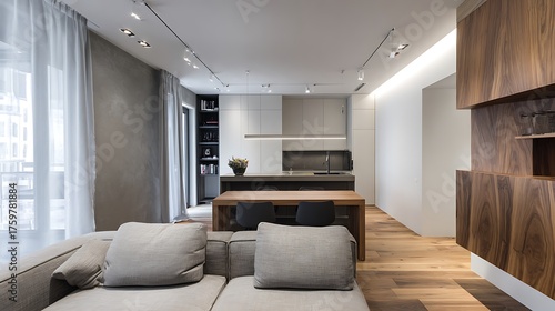 Fototapeta Naklejka Na Ścianę i Meble -  Contemporary living room with a gray sofa, wooden table, and modern lighting fixtures, creating a stylish and comfortable space for relaxation and entertainment, showcasing minimalist design