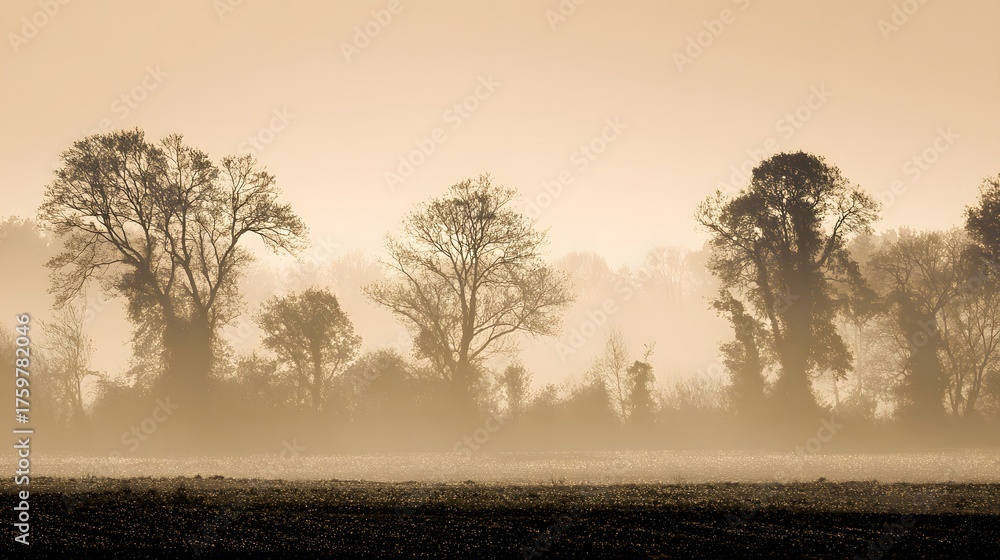 Obraz premium Silhouetted trees stand in a misty morning landscape.
