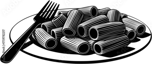 Detailed illustration of rigatoni pasta on a decorative plate in black and white. Vector illustration
