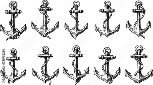 Set of Anchors Clip-Art Collection: Vector Illustration of Classic Retro Nautical Anchor in Engraving Technique, Marine, Sailing, Sea.
