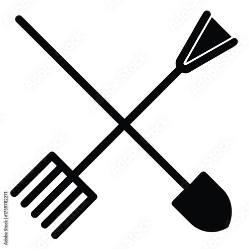 flat vector icon of garden rake and shovel crosse