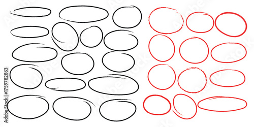 Collection of hand drawn oval and circular shapes in black and red ink on a white background