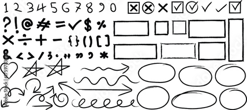 Collection of hand drawn sketchy symbols numbers punctuation arrows and geometric shapes on white background
