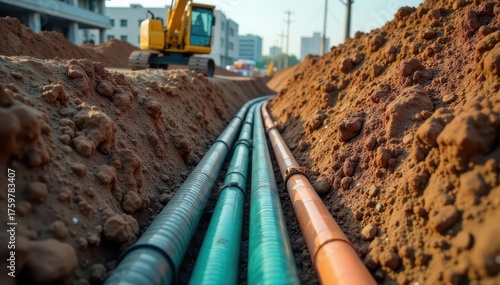 Construction trench with pipes and excavator in the background industrial