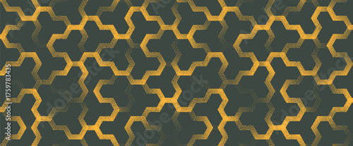 Vector abstract wide panoramic background with yellow green hexagon lattice and halftone grainy texture. Inspired by arabic ornaments, perfect for interior decor, cultural backdrops, digital wallpaper