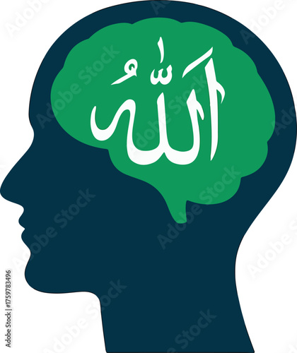 Human head silhouette with allah arabic calligraphy inside brain shape