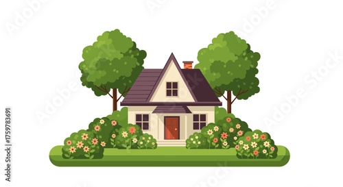 Charming suburban house with lush gardens and mature trees in the spring.