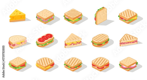 Isometric sandwiches and cheese slice vector illustration.
