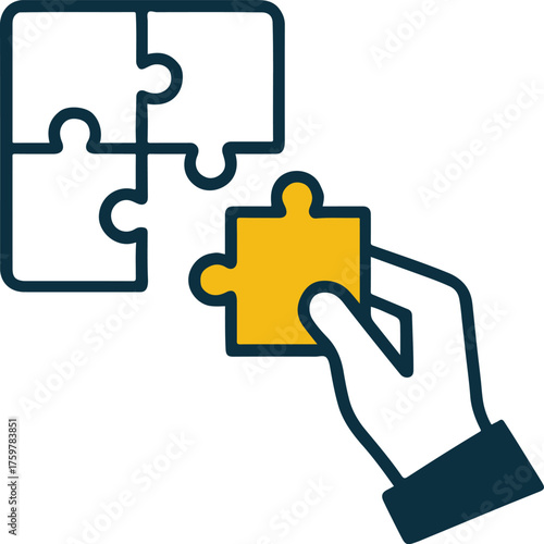 Hand placing final puzzle piece completing strategy and solution concept