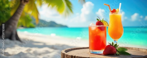 Tropical paradise, vibrant cocktails served on a secluded island beach Perfect for travel, vacation, and summer promotional materials , gin, travel, holiday