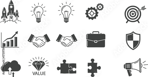 business icons, startup growth, innovation, teamwork, leadership, strategy, marketing, finance, success, productivity, creative idea, goal achievement, business solution vector