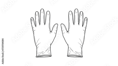 Line drawing of two medical gloves on white background