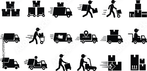 delivery service icon set, shipping, logistics, courier, transportation, parcel, truck, cargo, express delivery, warehouse, package, freight, vector illustration