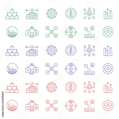 Diverse icons representing business organization, data analysis, and growth