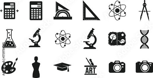education icons, science symbols, art tools, learning equipment, microscope, atom, DNA, calculator, geometry, photography, creative school illustration vector