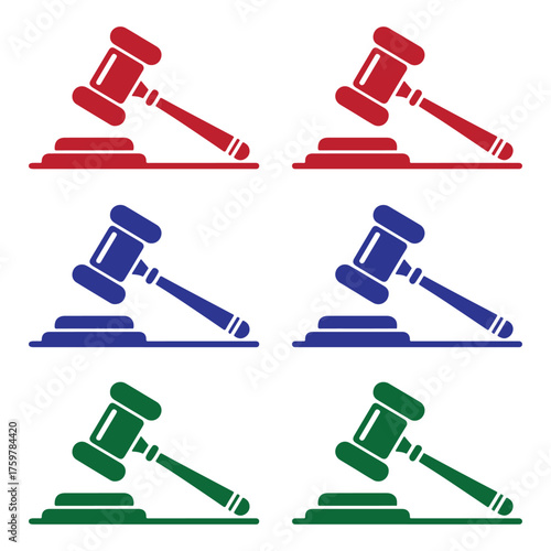 Symbolic gavels in red, blue, and green represent justice, law, and decision-making.