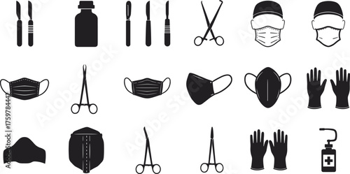 medical instrument icon set, surgical tools, doctor mask, gloves, sanitizer, healthcare equipment, hospital safety gear, surgery illustration, sterile instruments