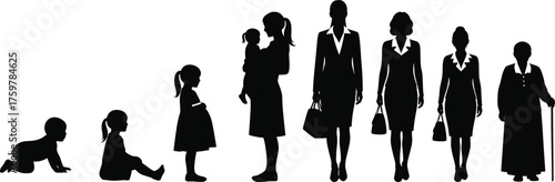 Female life stages silhouette illustration showing woman growth and development from crawling baby to elderly lady symbolizing aging and maturity concept.