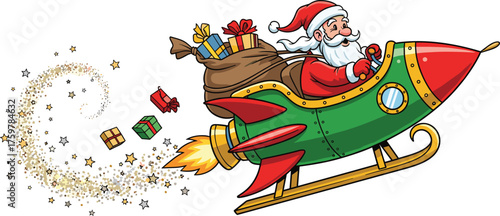 Santa Claus flying rocket sleigh with Christmas gifts and magic trail, festive holiday illustration, cartoon Christmas celebration design
