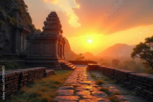 Serene sunrise over ancient temple ruins, bathed in golden light, conveying a sense of peace and spiritual awakening , religious, ancient, history