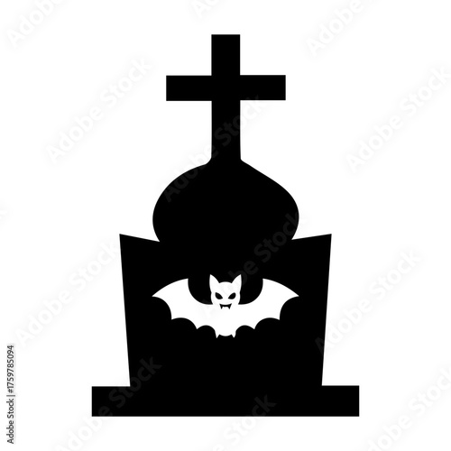 Spooky Halloween Tombstone Icon with Bat Silhouette