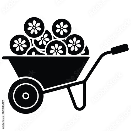 flat vector icon of wheelbarrow with flowers  spr