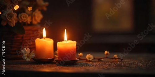 Warm, flickering candlelight illuminates a cozy scene, casting dancing shadows on nearby surfaces Perfect for evoking feelings of comfort, romance, and relaxation , light, fire