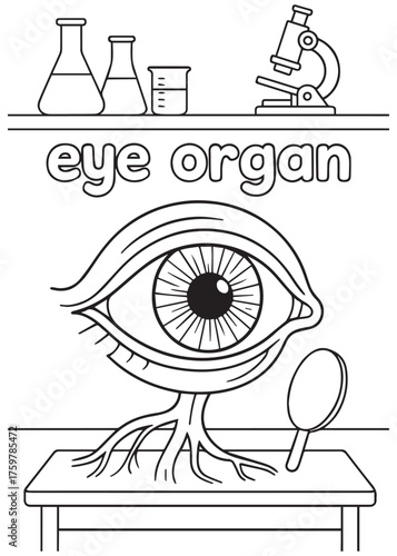 coloring book eye organ on science lab table with microscope