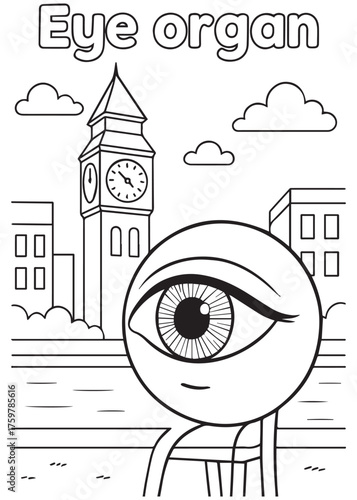 coloring book eye organ character with city clock tower