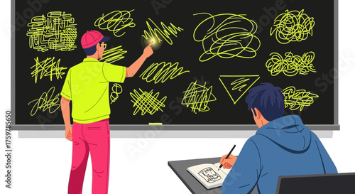 Art instructor teaching abstract drawing techniques to a student in a classroom setting