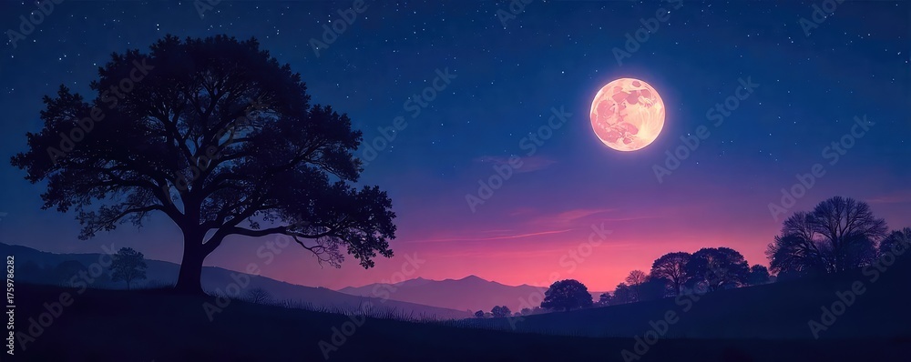 Fototapeta premium Silhouetted trees against a starlit sky, ethereal moonlight illuminating a peaceful, serene night scene Perfect for spiritual, meditation, or nature themes , quiet, dark, yoga