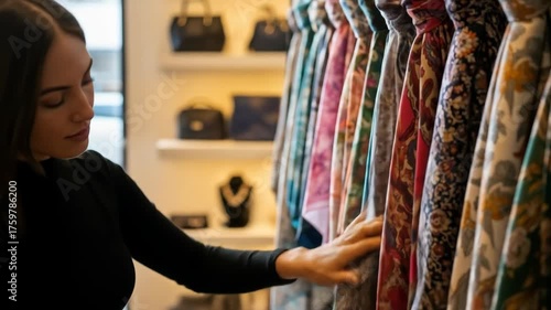 A woman browses silk scarves in a boutique, inspecting the fabric's pattern and texture, focusing intently