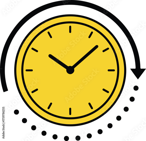 Circular time clock icon with rotating arrow and dotted line cycle symbol