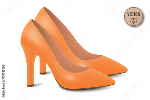 Vector 3d Realistic Orange High Heels Pair. Realistic Women s Shoes with Stiletto Heel for Fashion Poster, Shoe Store Banner, Clothing Catalog, Footwear Branding, Elegant Outfit Design, Online Shop