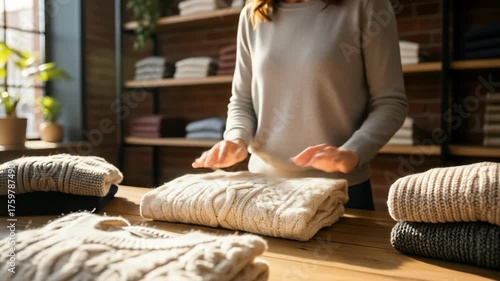 A person holds up a folded cream-colored sweater over a wooden table, stacked sweaters nearby