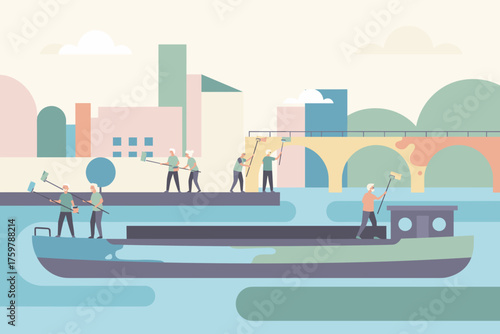 Seniors cleaning urban landscape river and bridge Community maintenance and teamwork