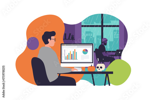 Man analyzing business data on computer with Halloween decor Remote work or coworking space productivity