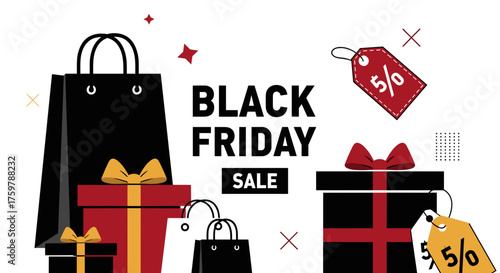 Black Friday Sale illustration with shopping bags gift boxes and discount tags